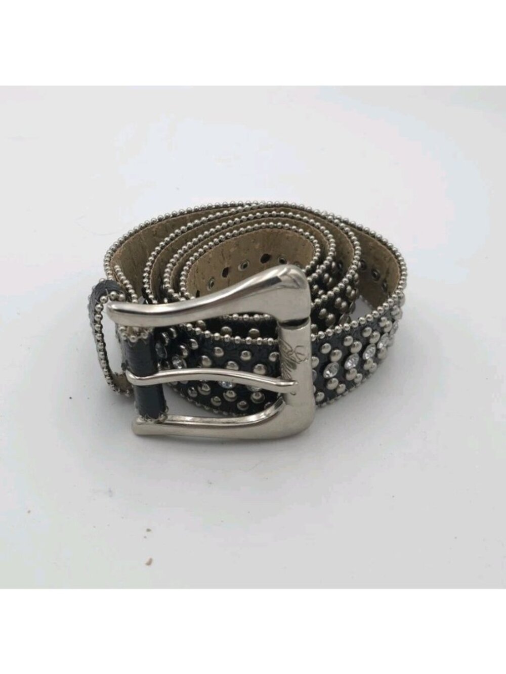 Guess Black Leather Studded Rhinestone Belt Women's Silver Buckle Western Large